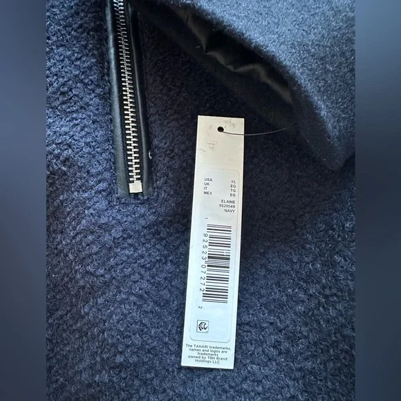 NWT Tahari Elaine Navy Blue Belted Wool Coat with Faux Leather Trim - Picture 9 of 11